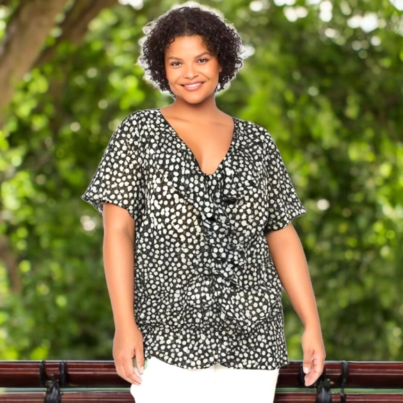 Lane Bryant Tops - Lane Bryant Black-and-white Polkadot Ruffled Blouse